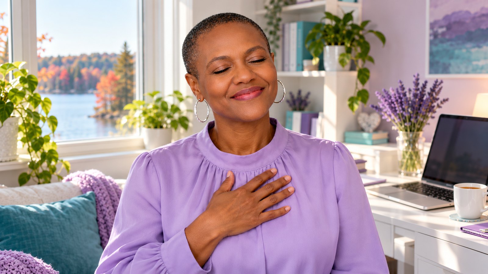 Celeste Angelic London at home, eyes closed, hand on her heart